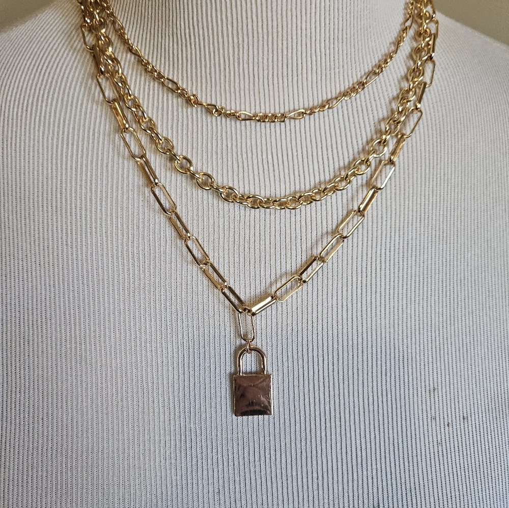 Gold Layered Gold Tone Chain Necklace with Padlock Pendant. - Picture 2 of 9